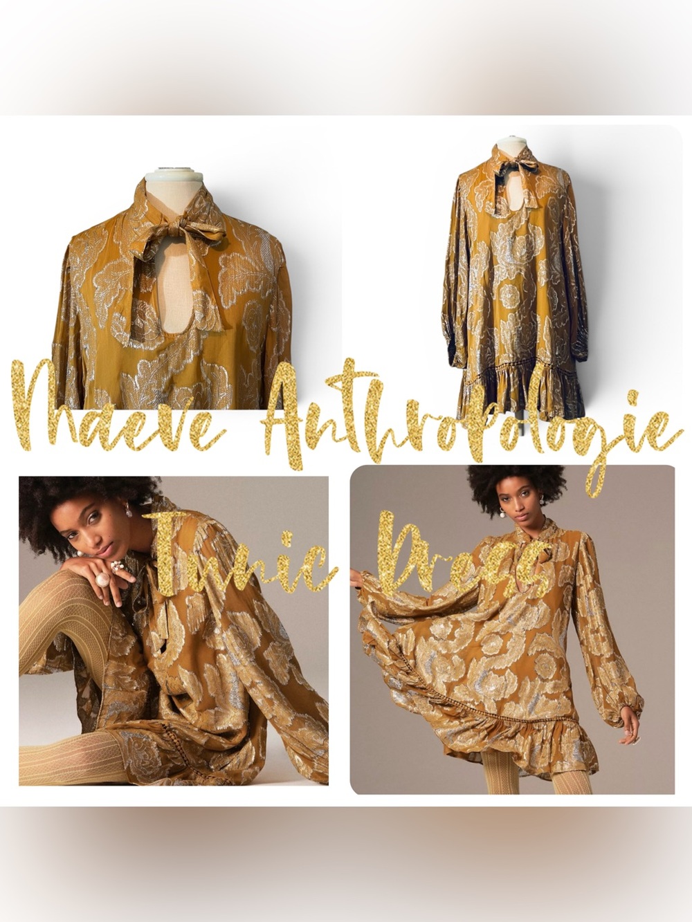 Anthropologie Maeve Metallic Floral Tie-Neck Tunic Dress - Small Sold Out